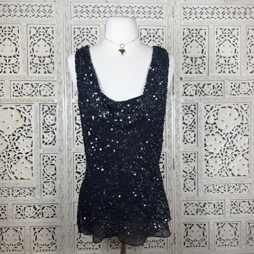 Adrianna Papell Black Silk Beaded Sequin Drape Cowl Neck Blouse Sz L Fairy